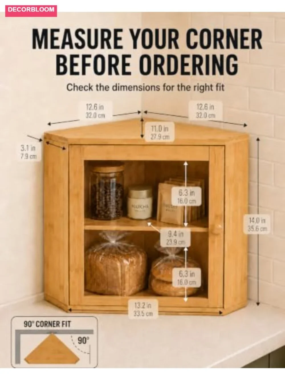 2 Tier Bamboo Bread Box Corner Kitchen Countertop Organizer Storage Container